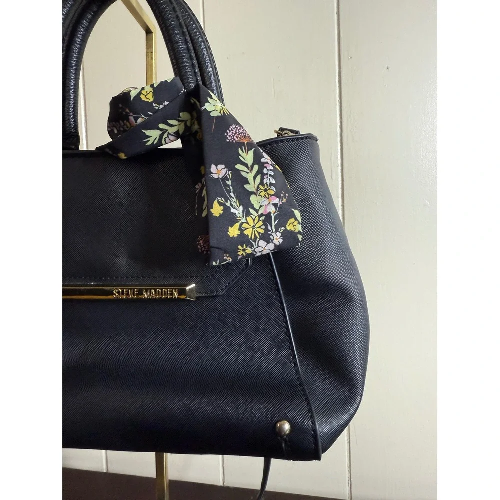 Steve Madden Satchel Handbag Women's Black Purse with Floral‎ Scarf Accent